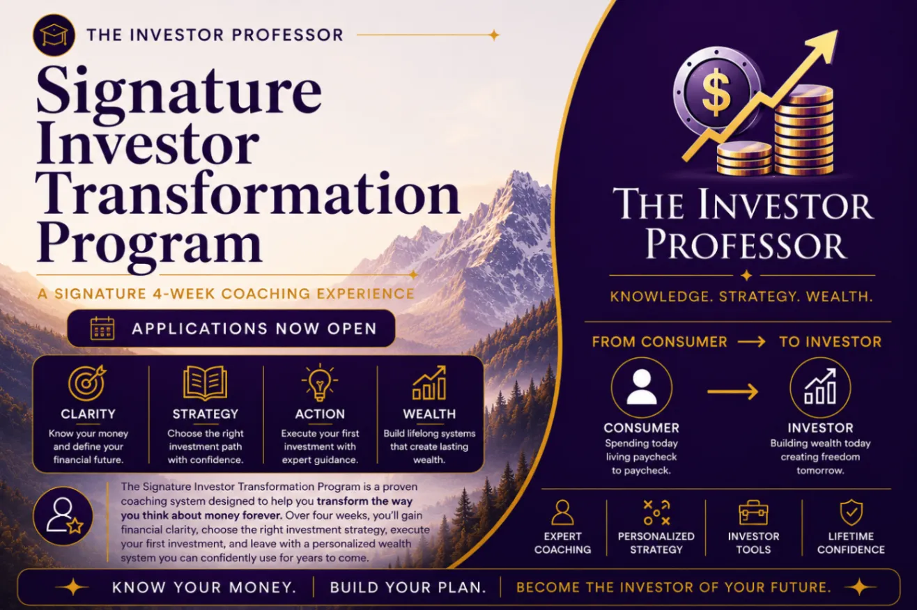 Signature Investor Transformation Program visual showing the shift from consumer to investor through clarity, strategy, action, and wealth.