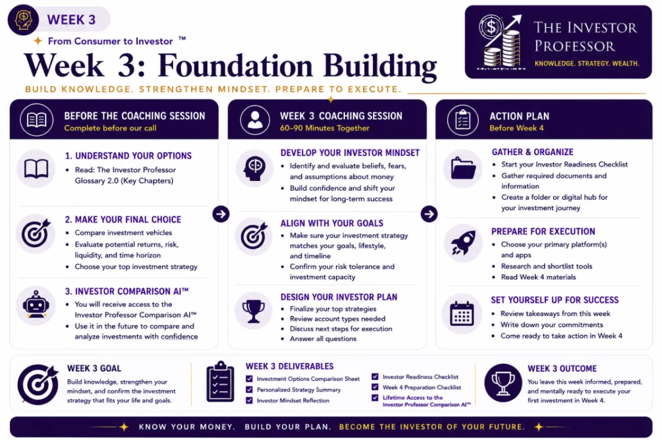 Week 3 Foundation Building program roadmap showing preparation, coaching session, action plan, goal, deliverables, and outcome.