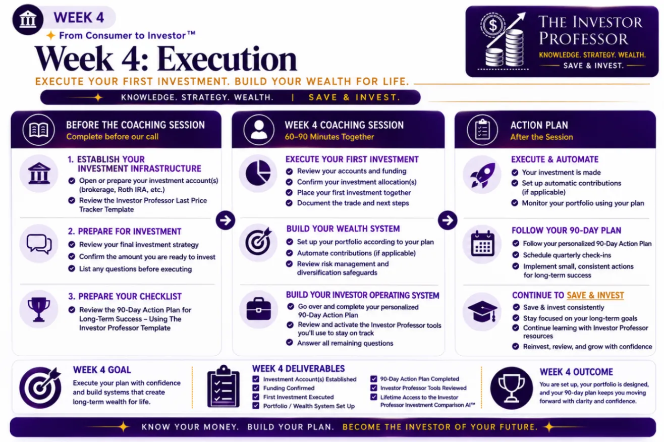 Week 4 Execution program roadmap showing preparation, coaching session, action plan, goal, deliverables, and outcome.